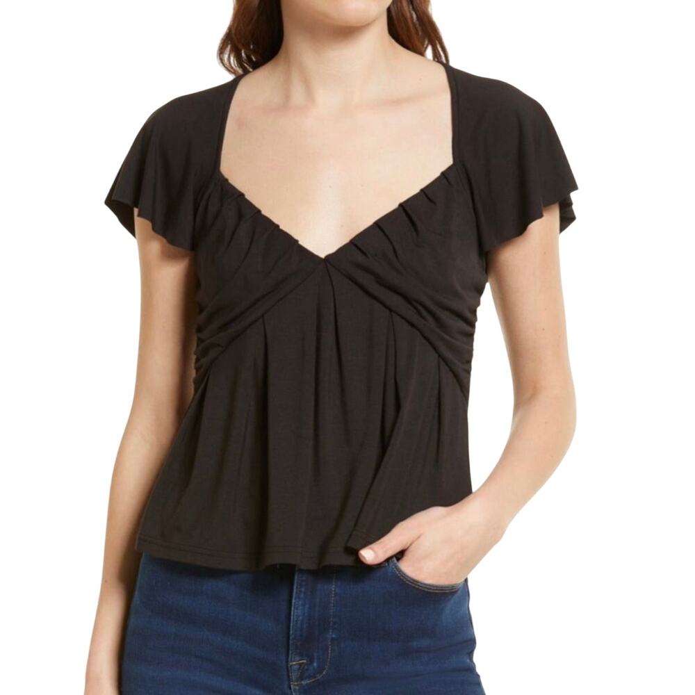 FRAME SHIRRED FLOUNCE FLUTTER SLEEVE BLOUSE IN‎ BLACK NWT WOMEN'S SIZE MEDIUM